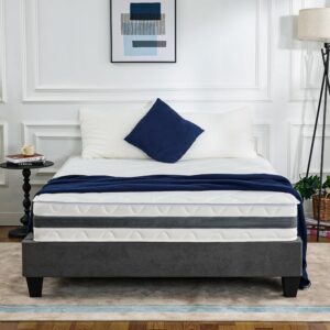 Bequeme Matratze im modernen Schlafzimmer mit blauen Akzenten und stilvollen Dekorationen für optimalen Schlafkomfort.