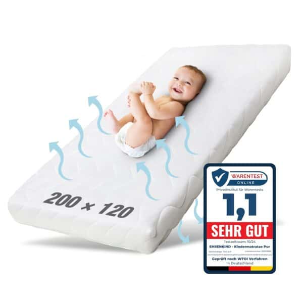 Atmungsaktive Kindermatratze für optimalen Schlafkomfort, geprüft vom Warentest mit "Sehr Gut" Bewertung, mit Maßen 200x120 cm, perfekt für gesunden Babyschlaf.