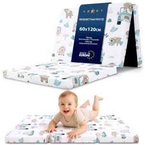 Matratzen Expert – Kinder-Reisebettmatratze mit Tropfenmuster, 60x120cm, aus Baumwolle und Polyester, Füllung mit Polyurethanschaum, ideal für sicheren Schlaf unterwegs.