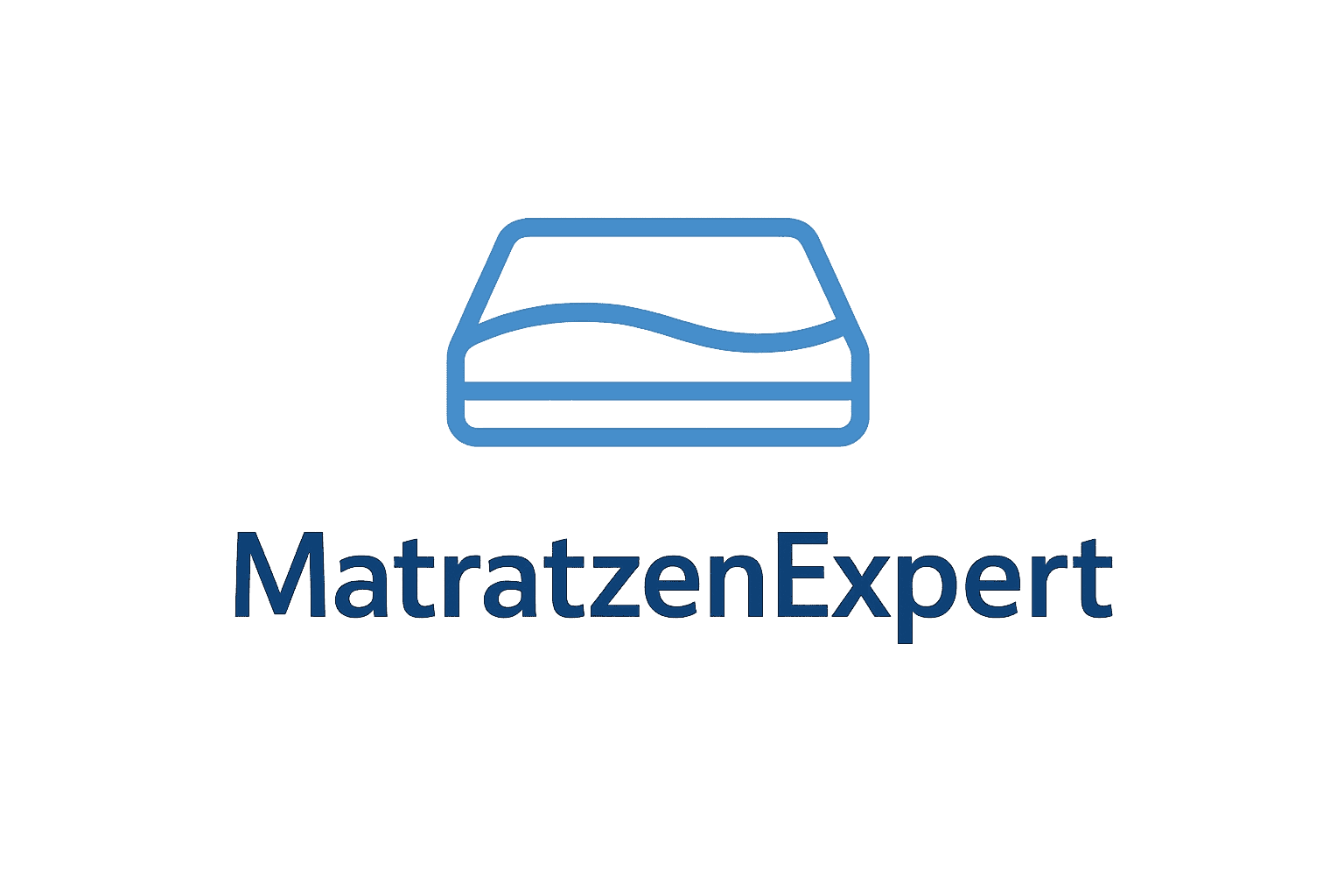 Das Logo zeigt den blauen Umriss einer Matratze über dem Wort "MatratzenExpert" in blauer Schrift auf weißem Grund, ideal für die Homepage eines Schlaf- und Komfortblogs.