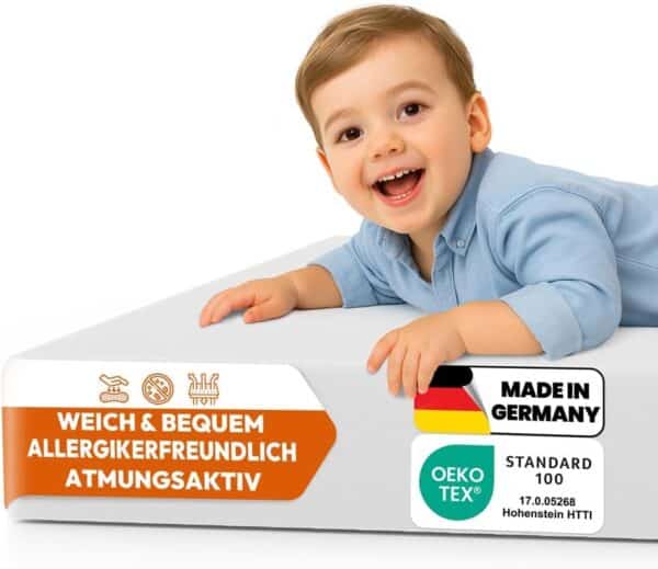 Weich bequeme allergikerfreundliche Matratze für Kinder, atmungsaktiv und schadstoffgeprüft – made in Germany.