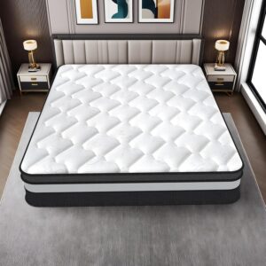 Hoher Komfort Mattress auf modernem Bettgestell in Schlafzimmer, mit stilvollen Nachttischen und dekorativen Wandbildern, ideal für erholsamen Schlaf, beste Matratzenqualität, Schlafkomfort, Schlafberatung, Matratzenkauf.